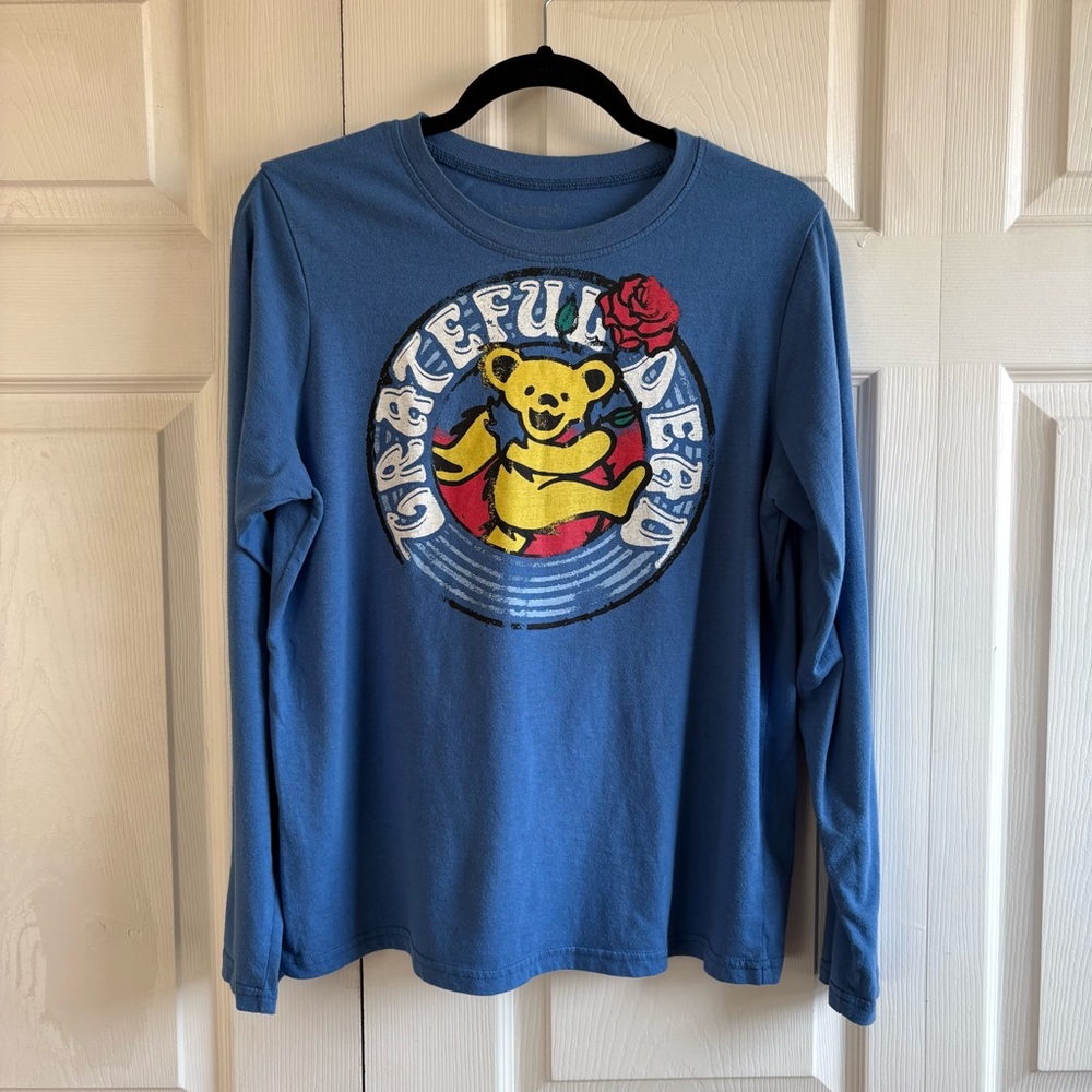 Grateful Dead Blue Long Sleeve Tee with Yellow Dancing Bear and Red Rose